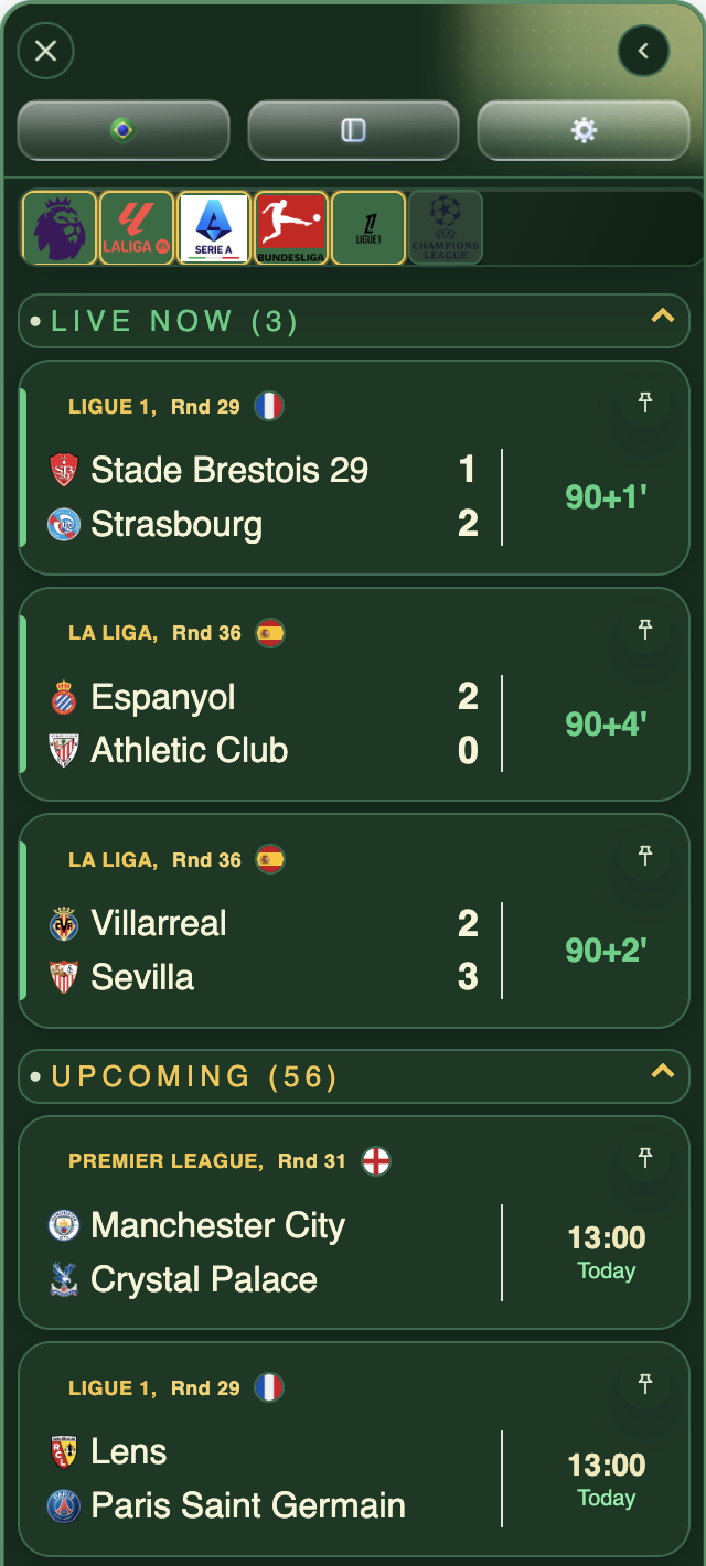 Football Today live scores panel with Brazil-inspired dark green theme